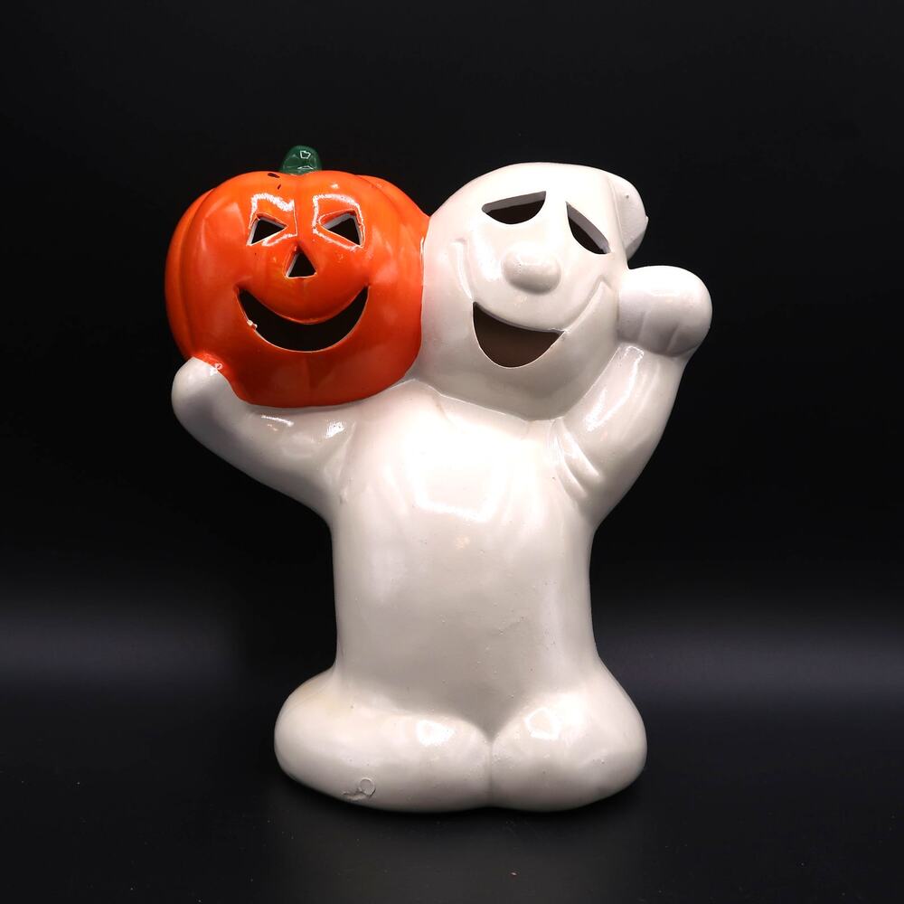 FHP Ceramic Tealight Candle Holder Ghost Jack O Lantern Vintage Halloween Taiwan